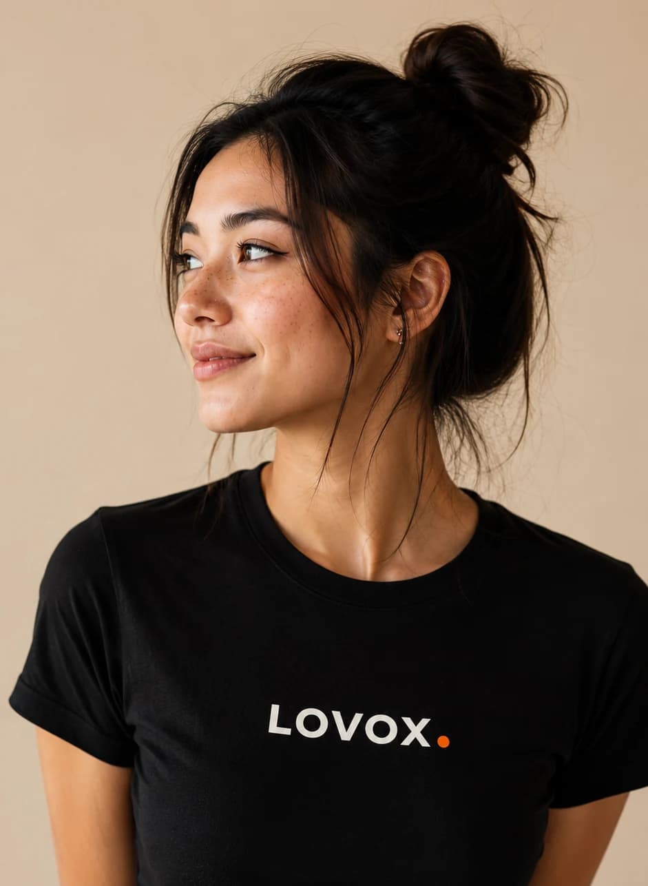 Сотрудница Lovox в футболке с логотипом продукта